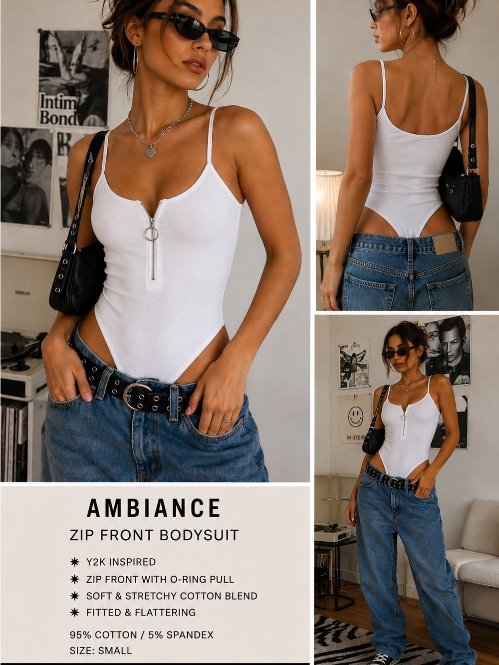 Ambiance White Zip Front Ring Bodysuit Spaghetti Strap Cotton Stretch S
